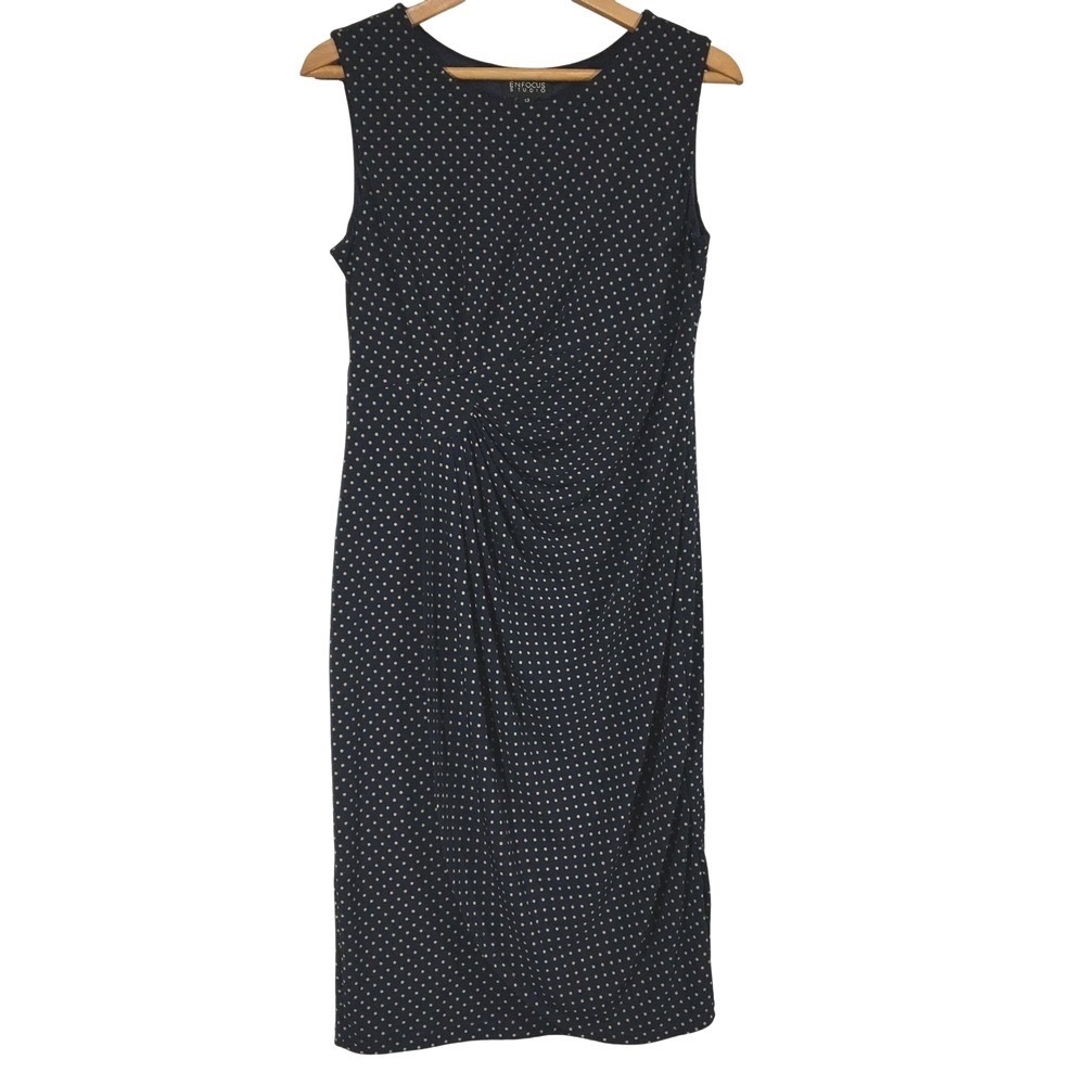 Enfocus‎ Studio Navy Polka Dot Ruched Sheath Dress Size 12